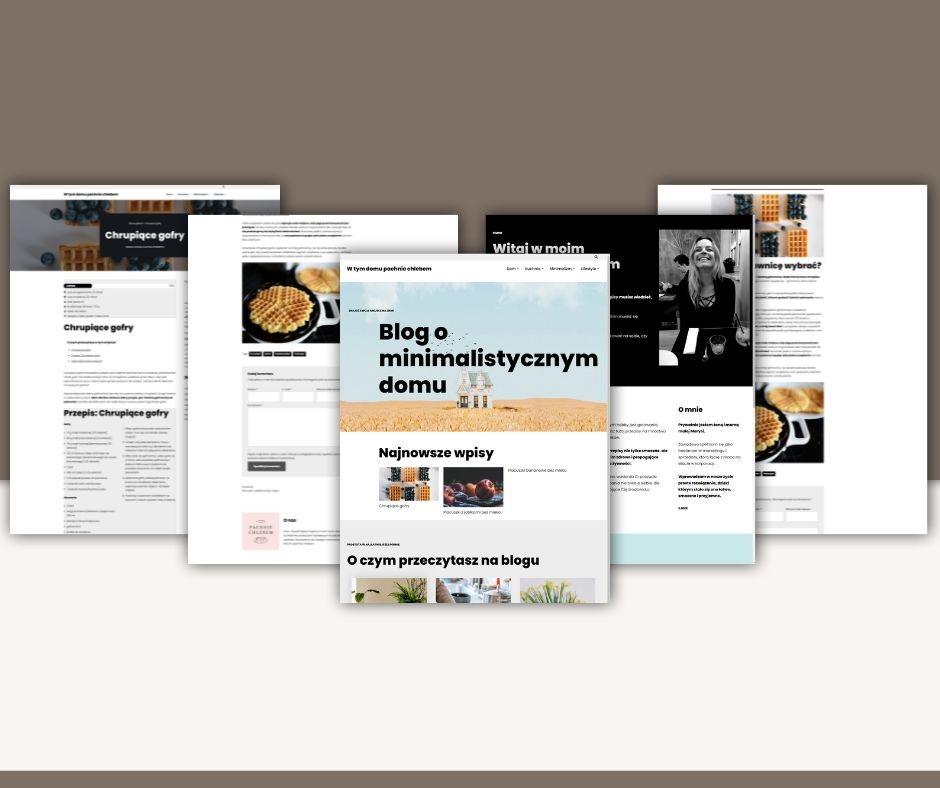 Prezentacja kilku stron internetowych z blogami o różnej tematyce, w tym o gotowaniu i minimalistycznym domu, z widocznymi nagłówkami i zdjęciami.