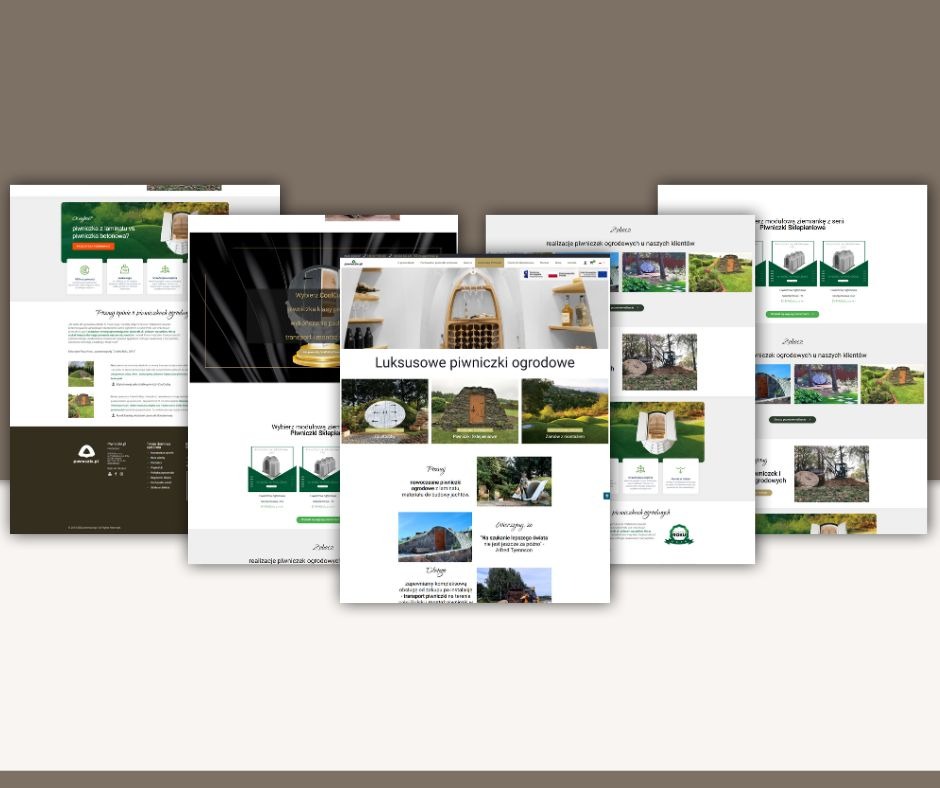 Prezentacja kilku stron internetowych z ofertą luksusowych piwniczek ogrodowych. Układ stron w formie wachlarza, z widocznymi detalami projektów i treści.