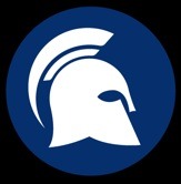 Biały hełm greckiego hoplity w niebieskim okręgu na czarnym tle. Minimalistyczny symbol nawiązujący do starożytnej siły i strategii.