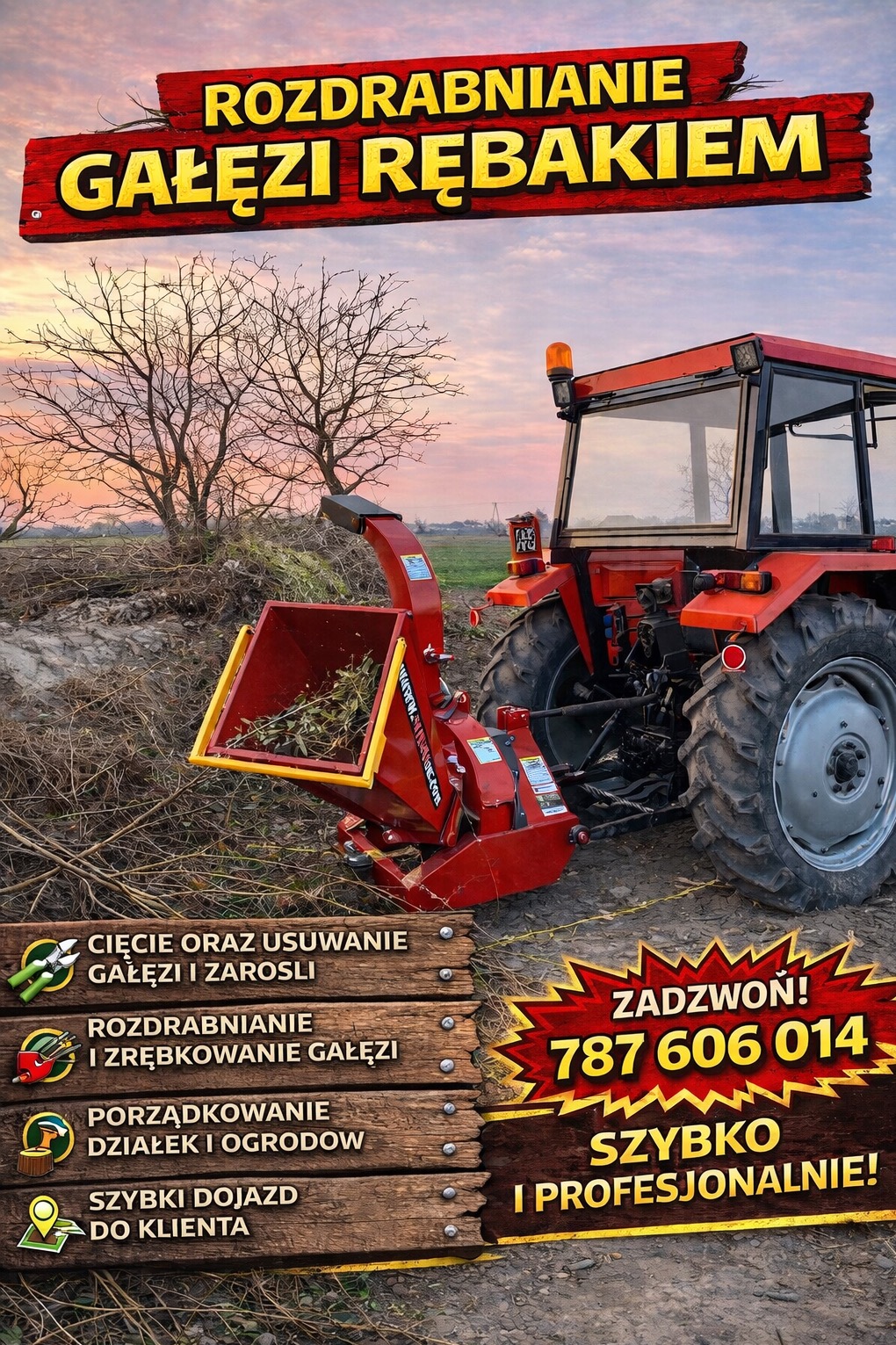 Czerwony traktor z rozdrabniaczem gałęzi na polu, w tle drzewa i zachodzące słońce. Reklama usług cięcia i rozdrabniania gałęzi z numerem telefonu.