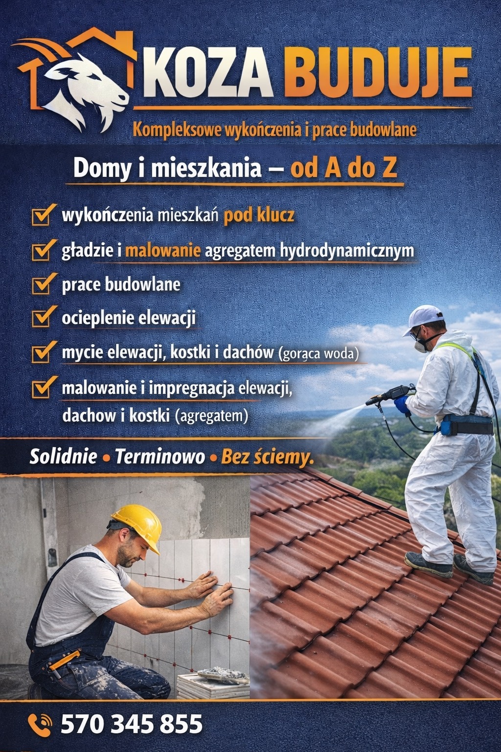 Baner reklamowy firmy Koza Buduje: wykończenia mieszkań pod klucz, malowanie agregatem, ocieplenia, mycie elewacji i dachów. Układanie płytek i czyszczenie dachu.