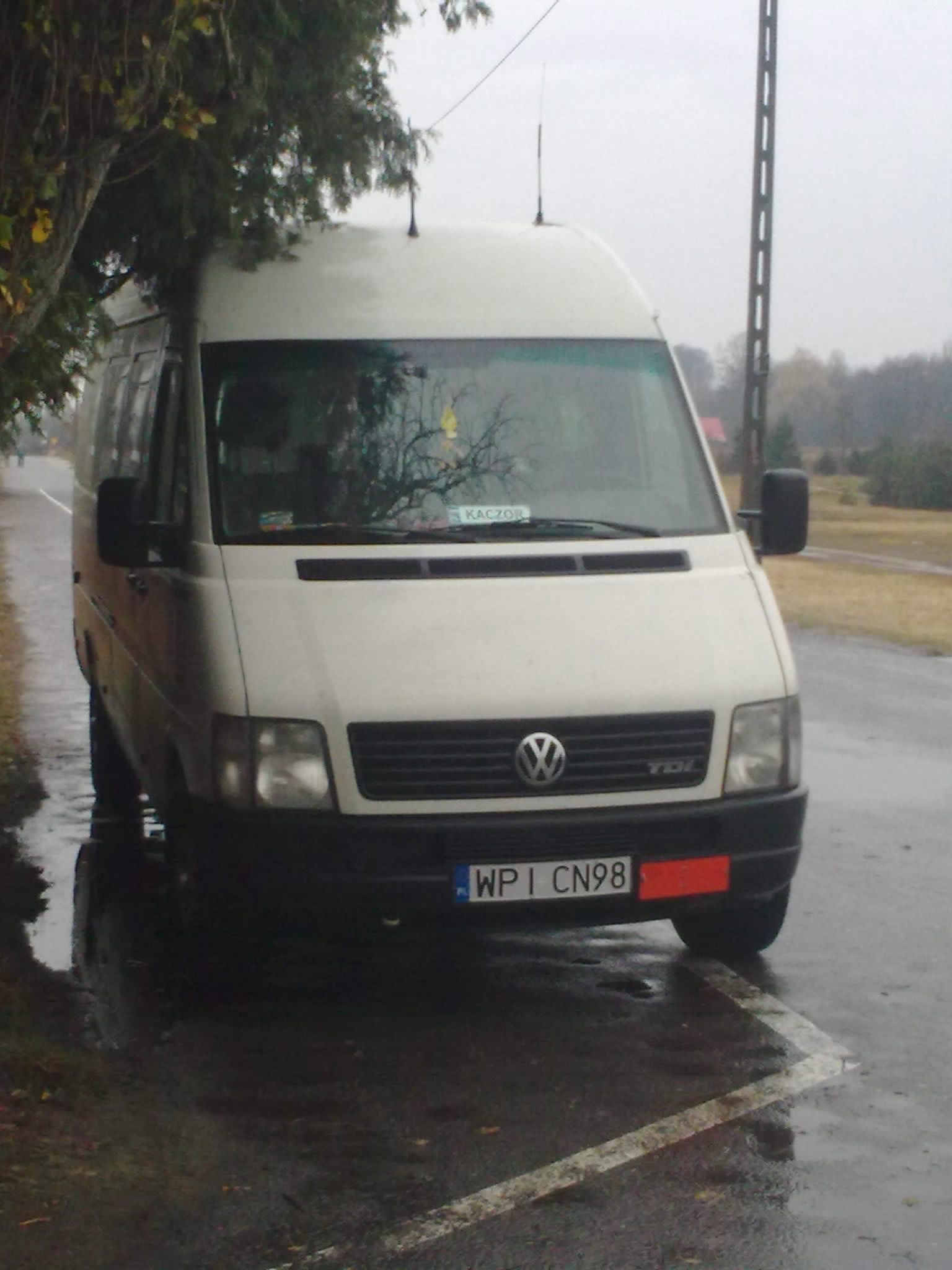 Biały bus Volkswagen z anteną na dachu, zaparkowany na mokrej nawierzchni obok drzewa i słupa energetycznego w pochmurny dzień.