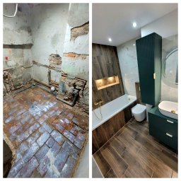 Majstry.pl Tadeusz Gera, Rafał Zych spółka cywilna - Zdjęcie 'przed i po' prezentujące metamorfozę łazienki: od stanu surowego z odsłoniętą cegłą do nowoczesnego wnętrza z drewnopodobnymi płytkami i zielonymi szafkami.