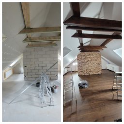 Majstry.pl Tadeusz Gera, Rafał Zych spółka cywilna - Zdjęcie 'przed i po' prezentujące adaptację poddasza: surowe ściany z pustaków i drewniane belki kontra wykończone wnętrze z ceglaną ścianą i drewnianą podłogą.