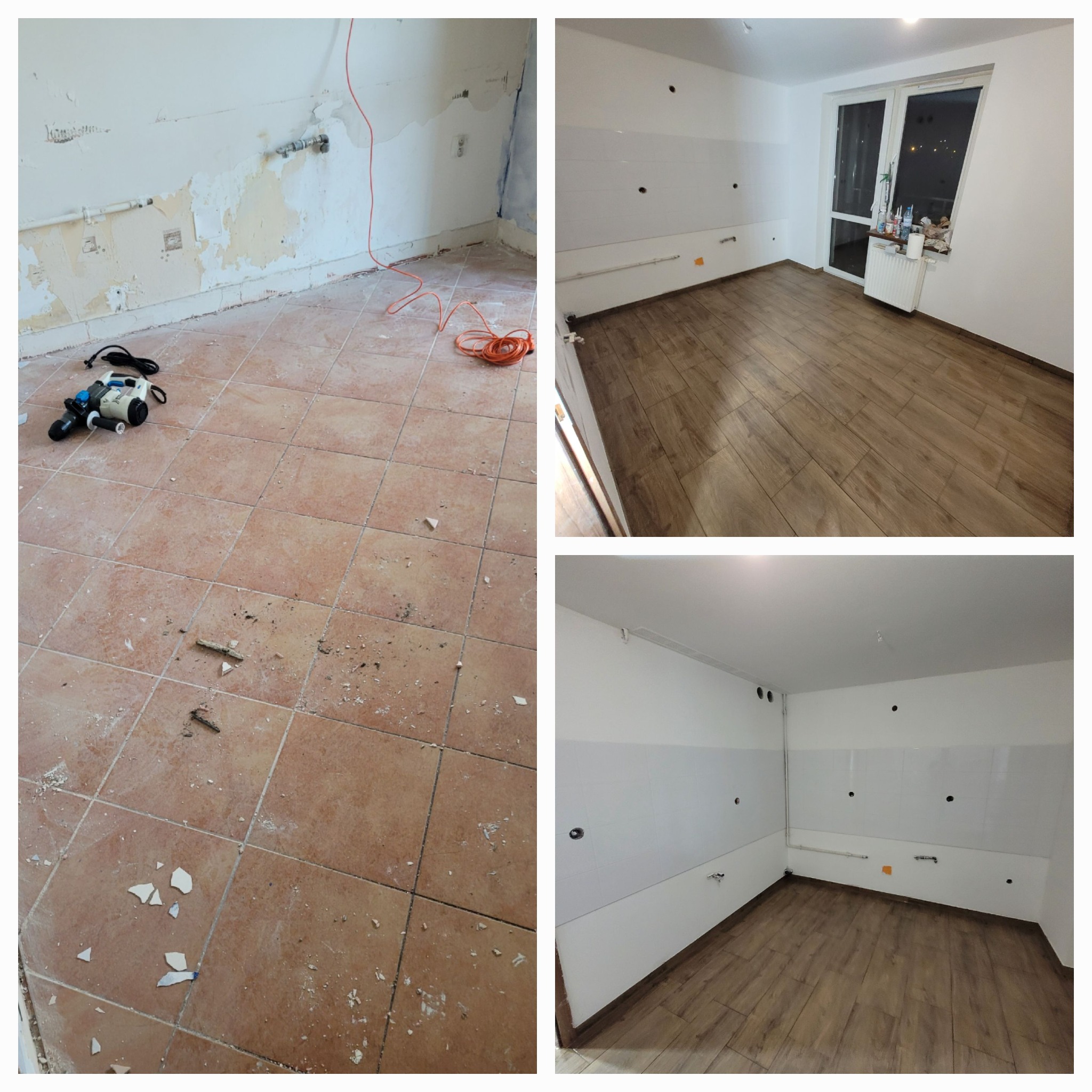 Kolaż: kuchnia przed remontem z narzędziami i po remoncie z nową podłogą i częściowo wykończonymi ścianami, widok z okna.