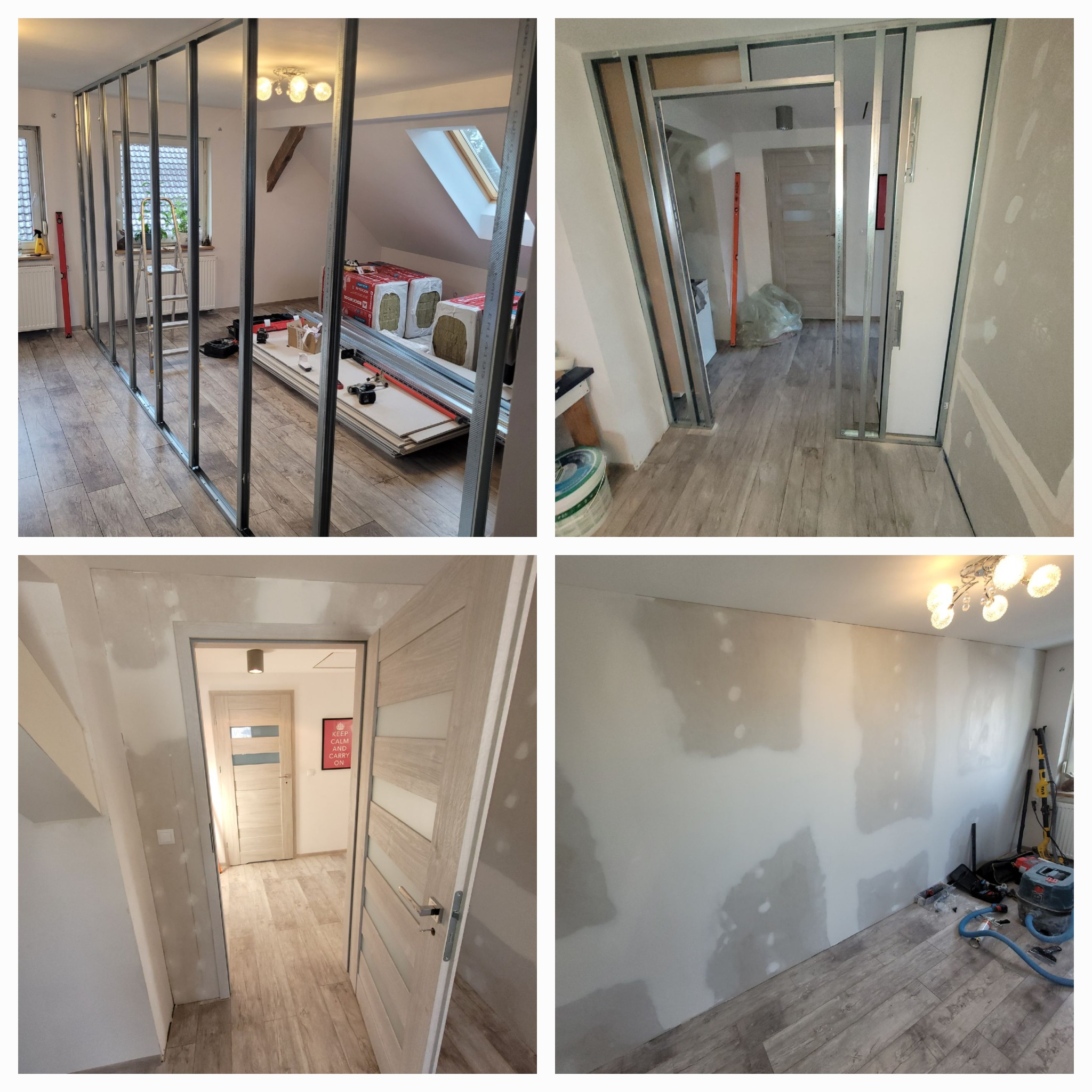 Wnętrze w trakcie prac: metalowa konstrukcja ścianki działowej, płyty gipsowe, szpachlowane ściany. Widoczne narzędzia i materiały budowlane. Podłoga wyłożona panelami.