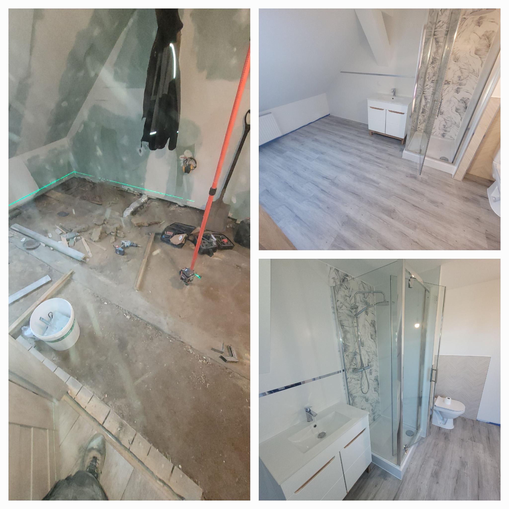 Kolaż: łazienka w trakcie remontu z laserowym poziomowaniem, oraz wykończona łazienka na poddaszu z kabiną prysznicową, umywalką i toaletą.
