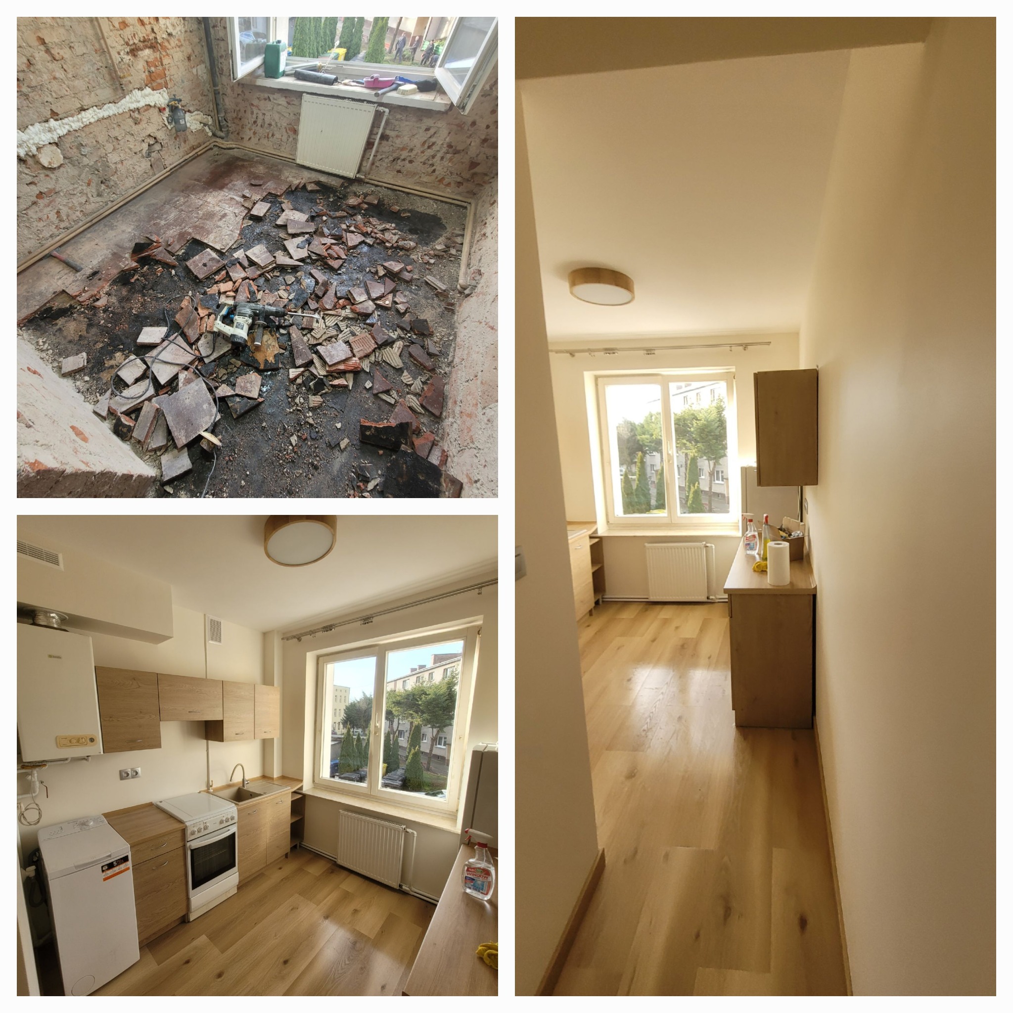 Kolaż: stan surowy pokoju z gruzem i wyremontowana kuchnia z drewnianą podłogą i meblami. Widok okna z zielenią. Ukazane etapy prac.