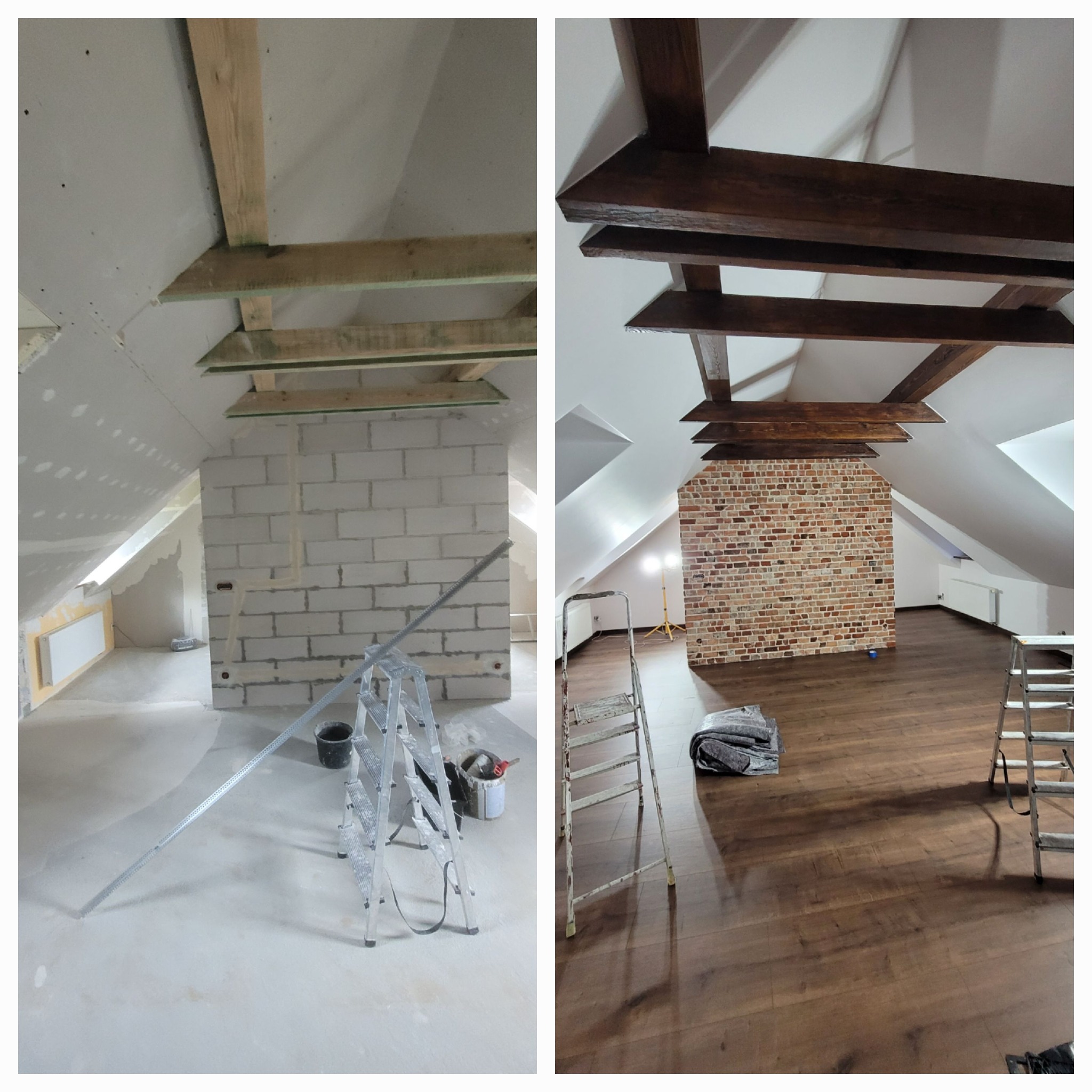 Zdjęcie 'przed i po' prezentujące adaptację poddasza: surowe ściany z pustaków i drewniane belki kontra wykończone wnętrze z ceglaną ścianą i drewnianą podłogą.