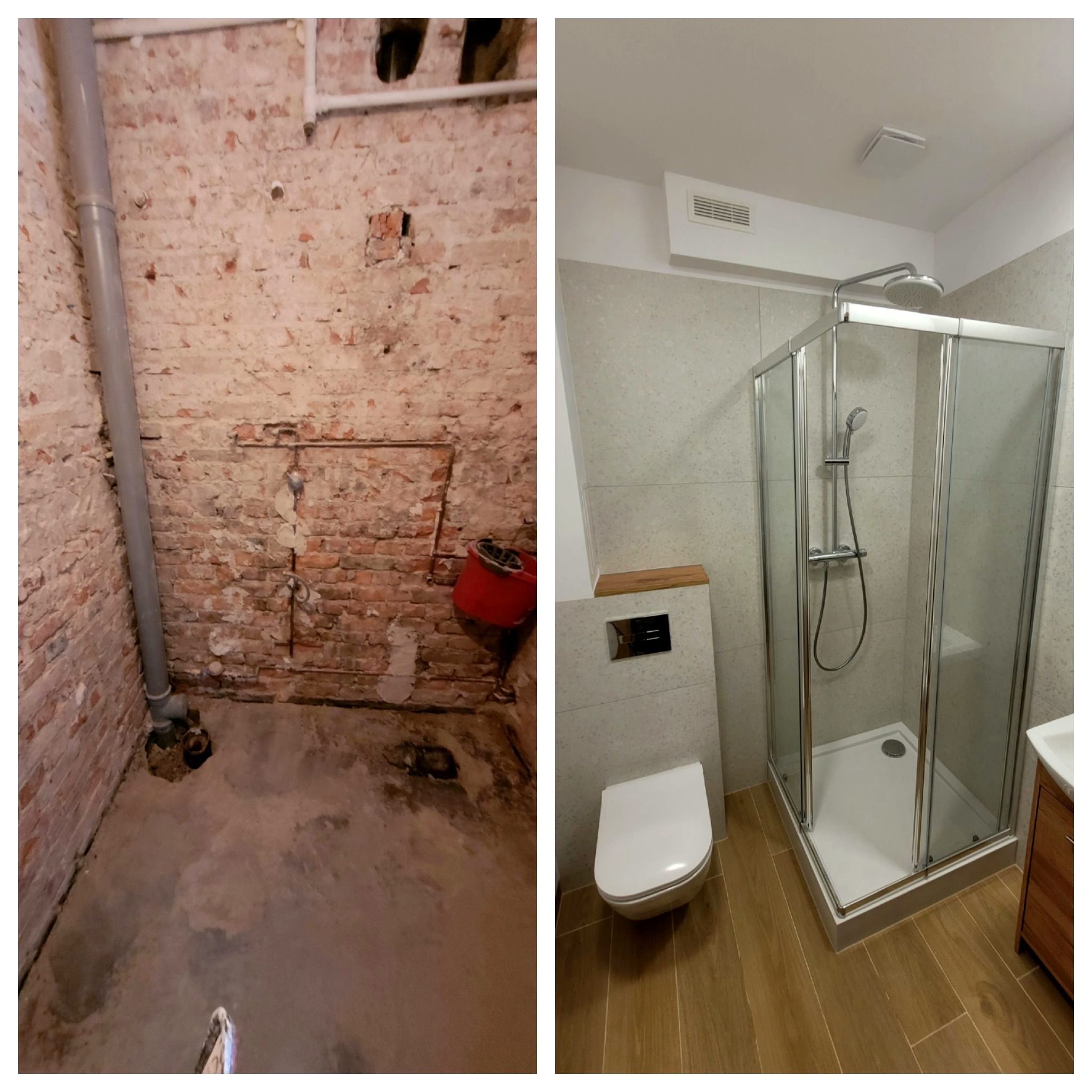 Zdjęcie 'przed i po' prezentujące surową łazienkę z odsłoniętą cegłą oraz efekt końcowy z kabiną prysznicową, toaletą i drewnopodobną podłogą. Widoczna metamorfoza wnętrza.