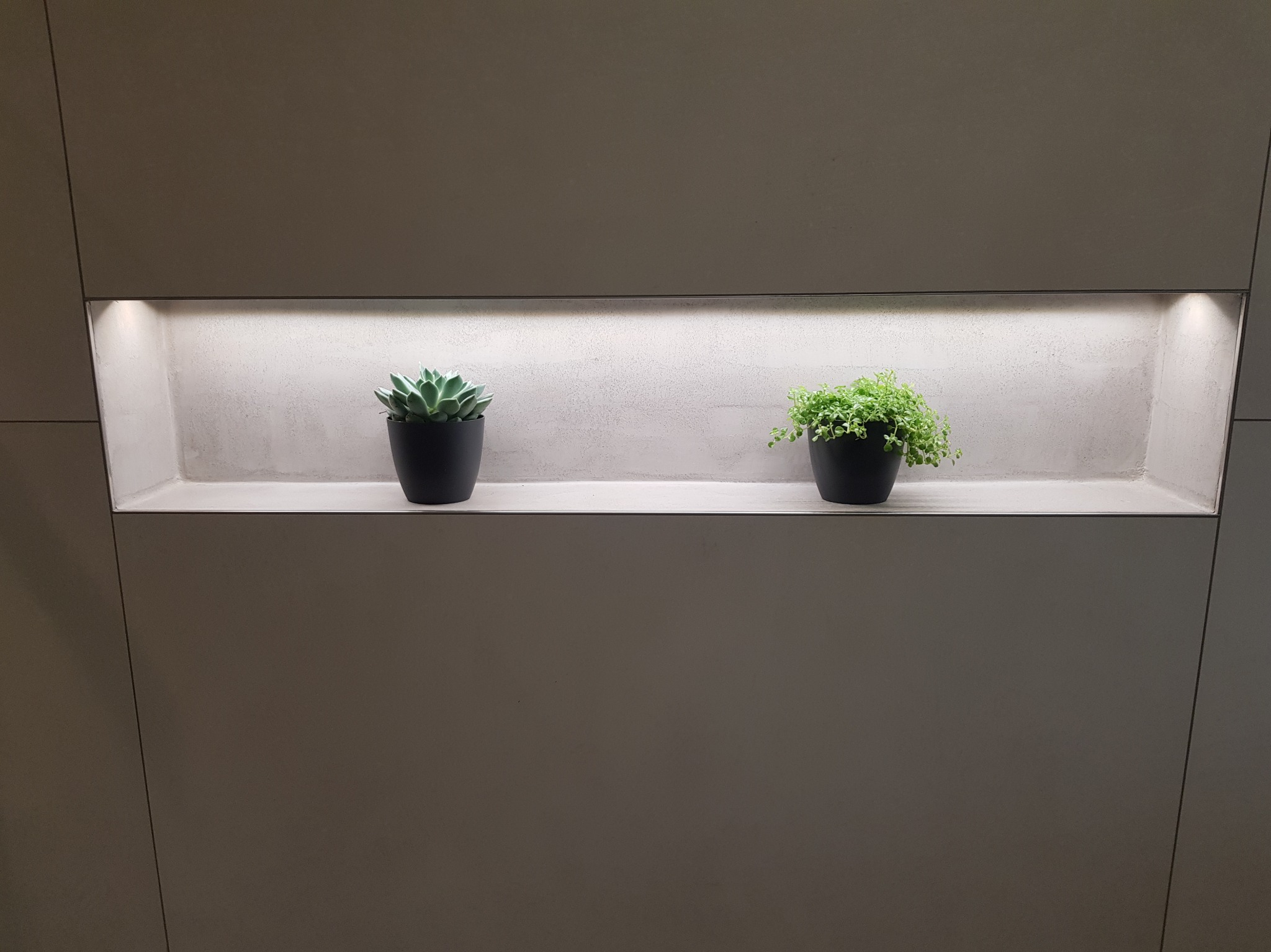 Wnęka w ścianie z oświetleniem LED, w której stoją dwie doniczki z roślinami. Minimalistyczny design, gładka powierzchnia ściany w odcieniach szarości.