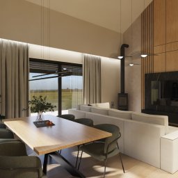 TOTA ARCHITEKT Natalia Kalita - Wizualizacja salonu z antresolą: drewniana ściana z TV i kominkiem typu koza, stół jadalny z krzesłami, sofa i duże okno z widokiem na zewnątrz.