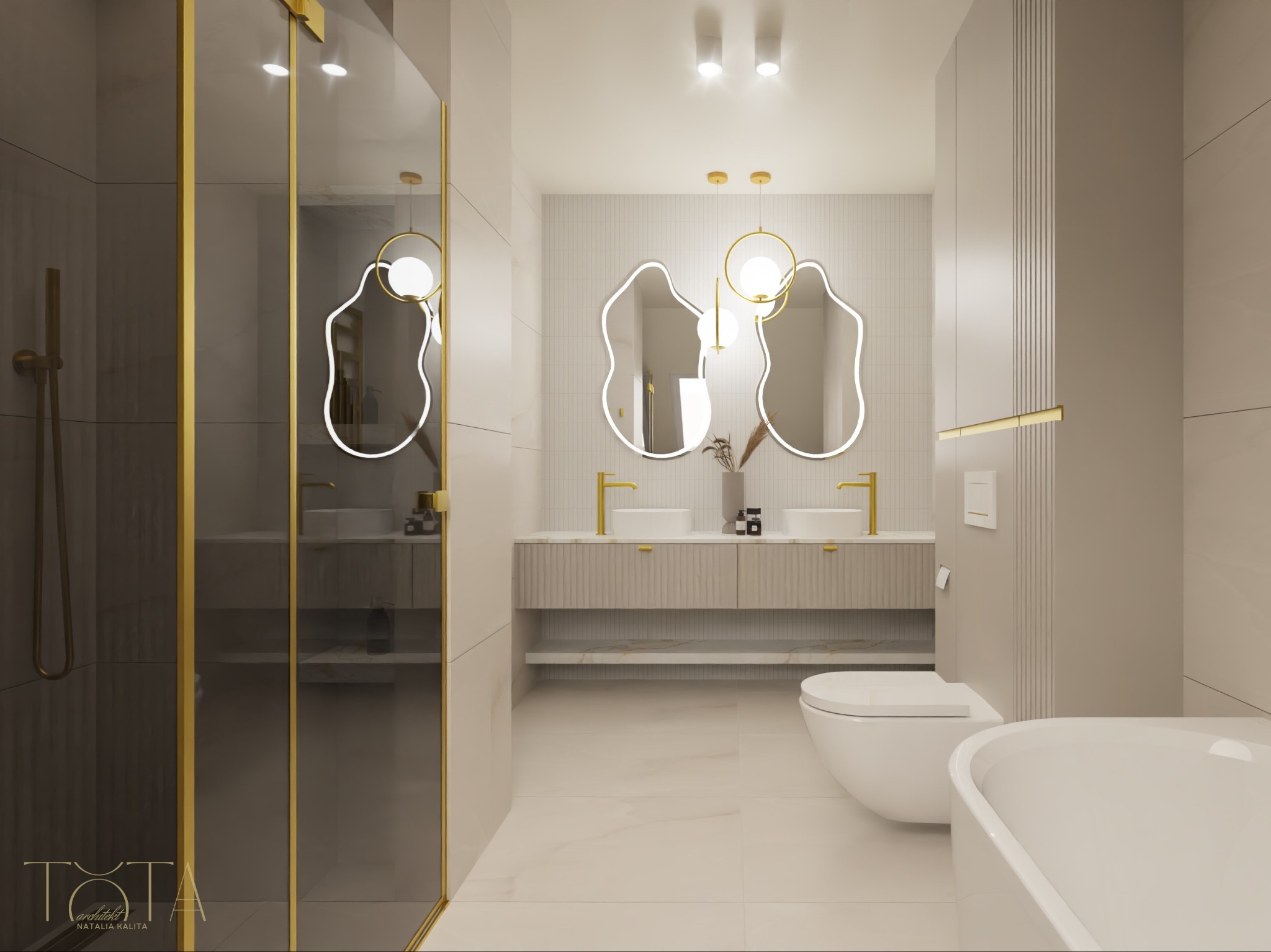Jasna łazienka z kabiną prysznicową w złotej ramie, umywalką z szafką i dwoma nieregularnymi lustrami z podświetleniem. Minimalistyczny design z akcentami złota.