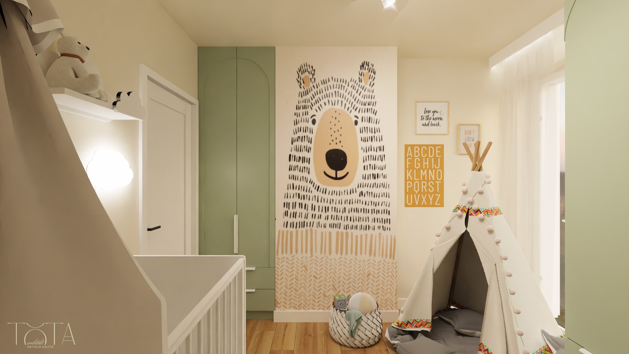 Uroczy pokój dziecięcy z motywem misia na ścianie, tipi i pastelową kolorystyką. Zgaszona zieleń szafy i beże tworzą przytulną atmosferę. Wnętrze do zabawy i wyciszenia.