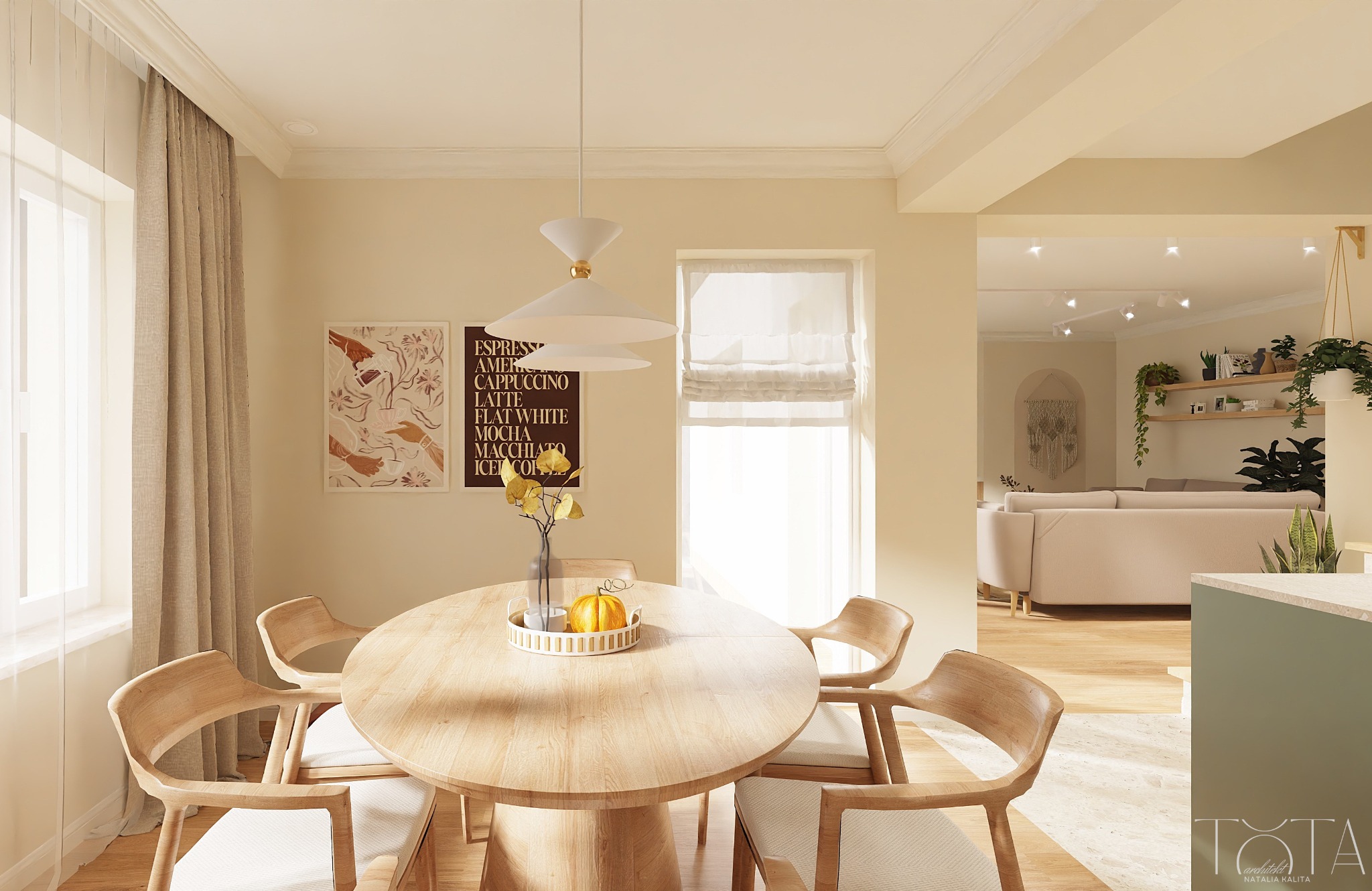 Jasna jadalnia z okrągłym, drewnianym stołem i krzesłami w stylu skandynawskim. W tle salon z beżową sofą i roślinami. Minimalistyczny wystrój wnętrza.