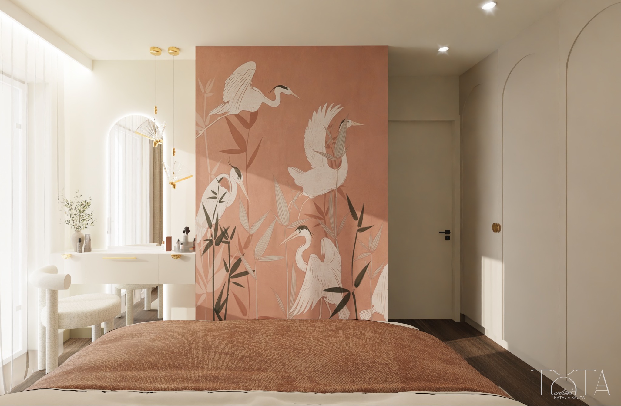 Sypialnia w stylu japońskim: łóżko z brązową narzutą, toaletka z lustrem w kształcie łuku i ściana z motywem żurawi. Subtelne oświetlenie i minimalistyczny design.