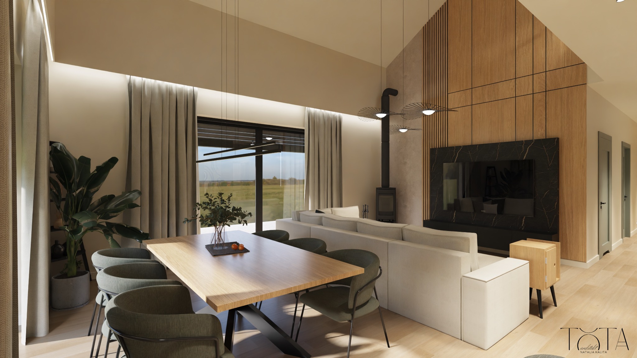 Wizualizacja salonu z antresolą: drewniana ściana z TV i kominkiem typu koza, stół jadalny z krzesłami, sofa i duże okno z widokiem na zewnątrz.