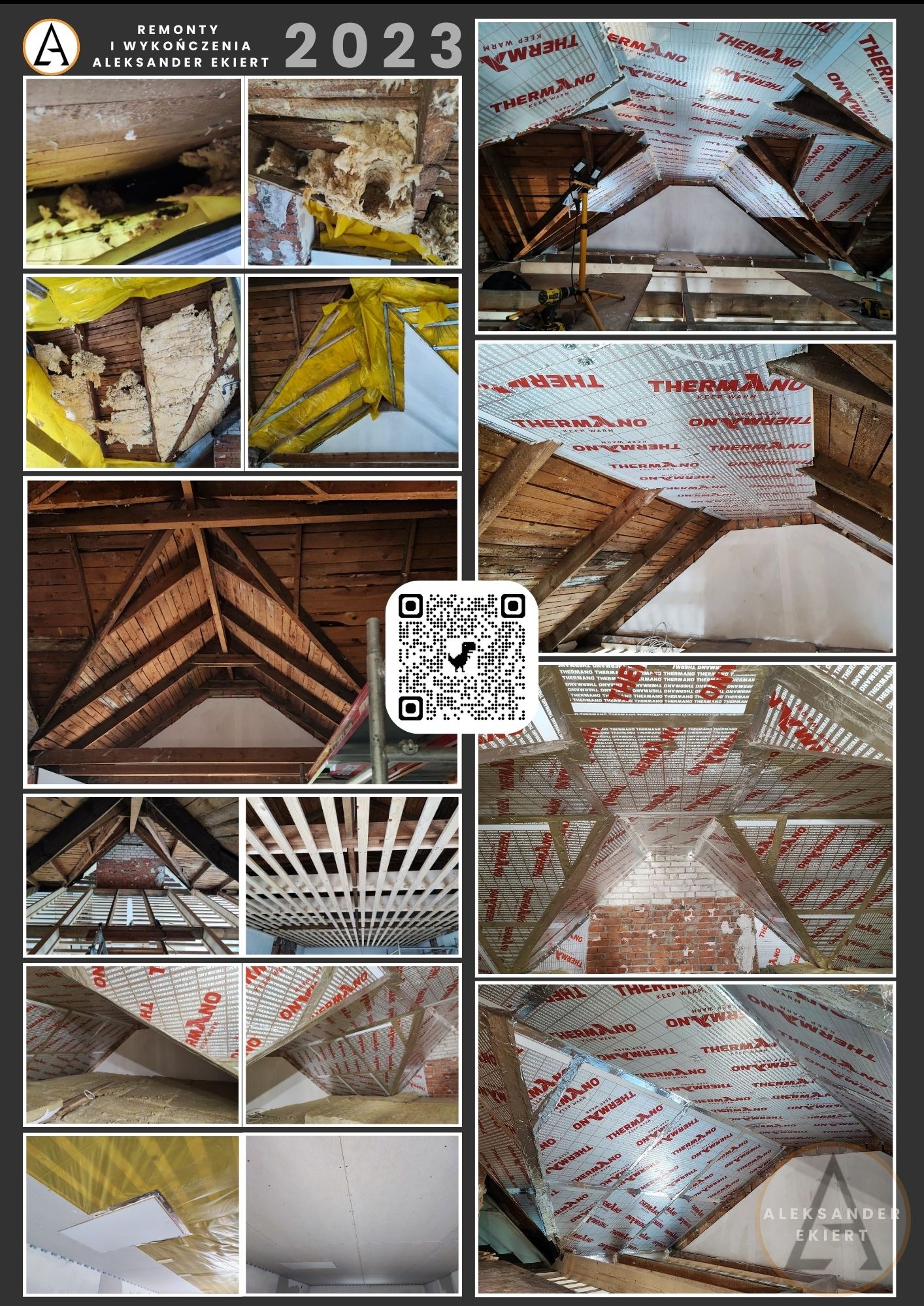 Kolaż zdjęć z remontu poddasza: izolacja termiczna folią Thermano, montaż stelaża i wykończenie płytami. Widoczne etapy prac i detale konstrukcyjne.