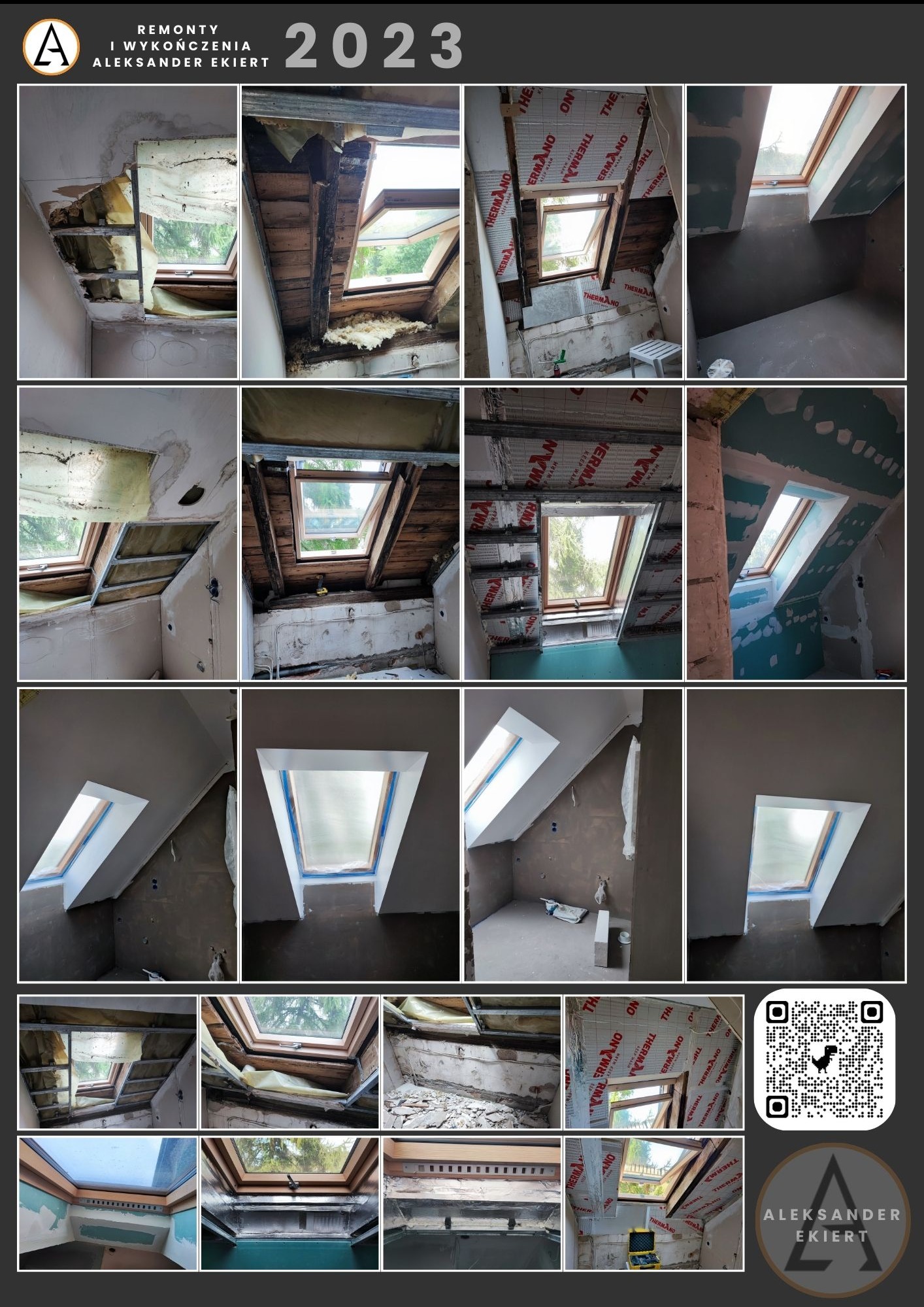 Kolaż zdjęć prezentujący etapy remontu poddasza z oknami dachowymi: stan surowy, ocieplenie, szpachlowanie i efekt końcowy z pomalowanymi ścianami.