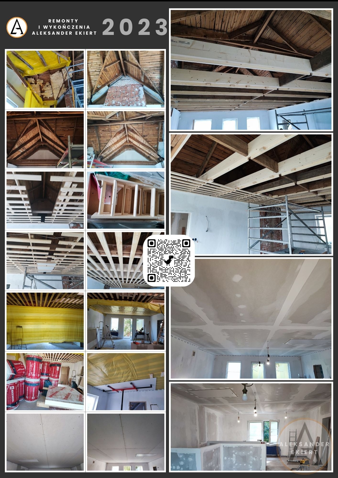 Kolaż zdjęć z remontu poddasza: izolacja, montaż stelaża, płyty gipsowe na suficie. Widoczne etapy prac, materiały izolacyjne i rusztowania. Prace wykończeniowe.