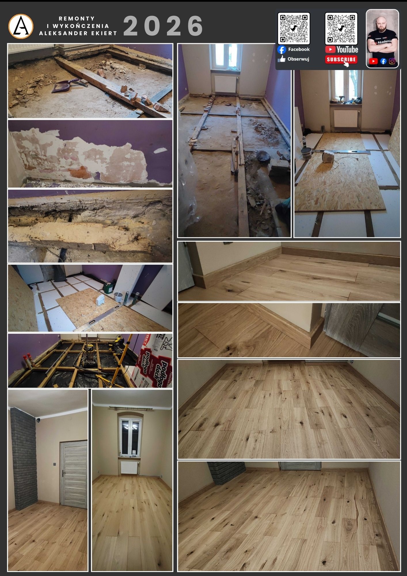 Montaż podłogi w pokoju: od stanu surowego, przez izolację i płyty OSB, po ułożony parkiet z listwami przypodłogowymi. Widoczne etapy prac i efekt końcowy.
