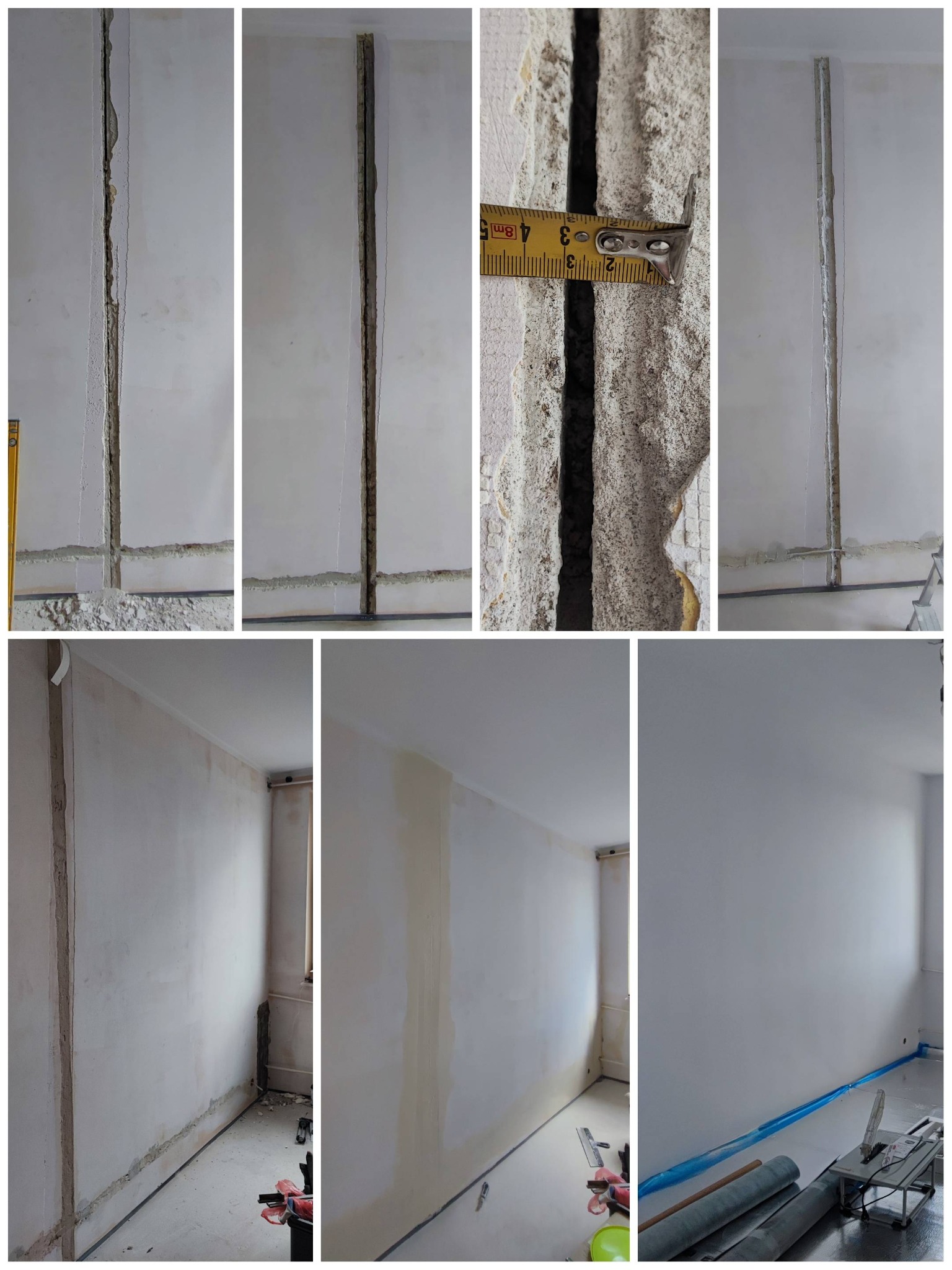 Frezowanie szczeliny dylatacyjnej w ścianie, widoczne etapy prac: pomiar szerokości szczeliny, przygotowanie ściany, zabezpieczenie podłogi. Wykończenia wnętrz.