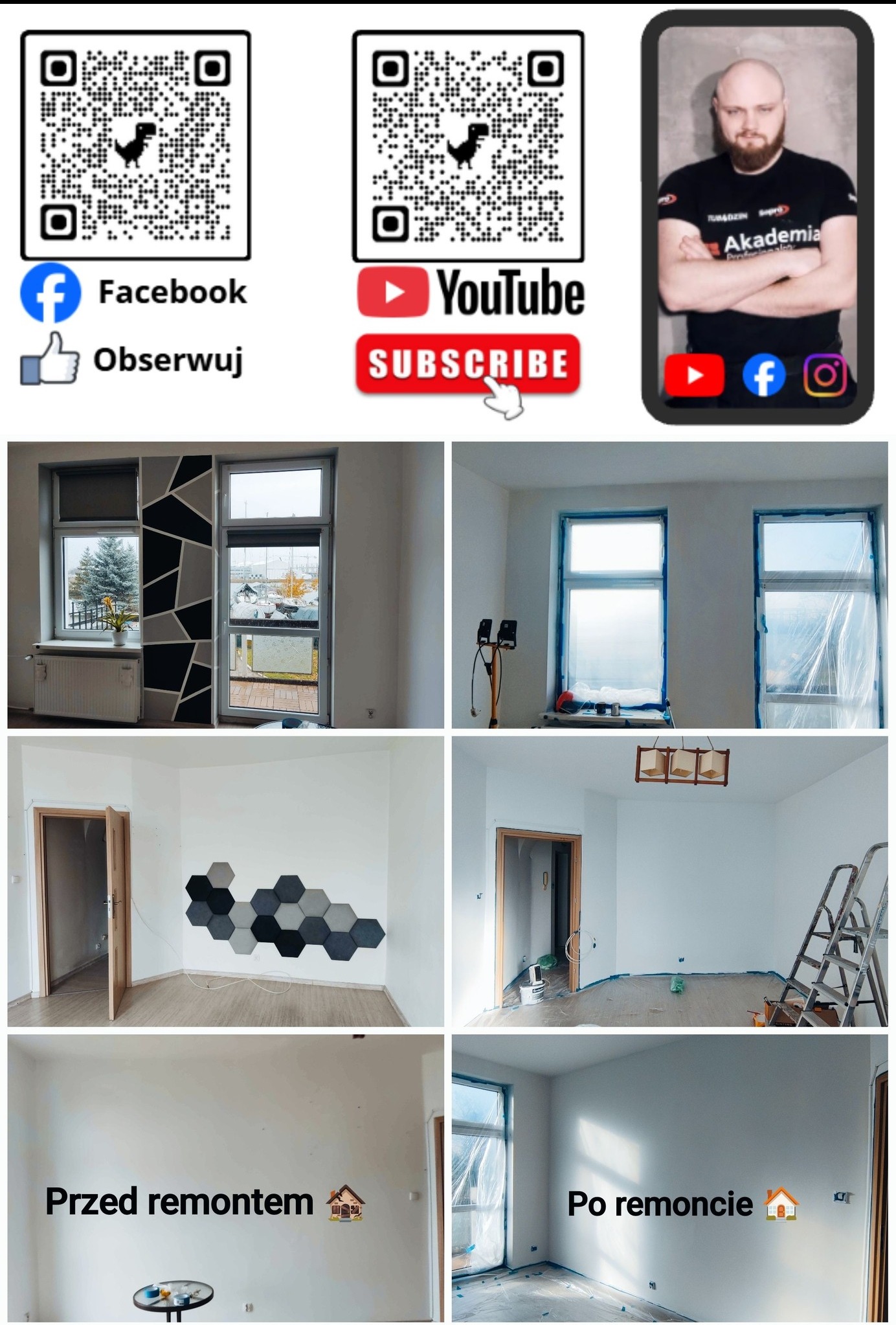 Kolaż zdjęć 'przed i po' remontu pokoju: okna zabezpieczone folią, ściany przygotowane do malowania i efekt końcowy z pomalowanymi ścianami i dekoracjami.