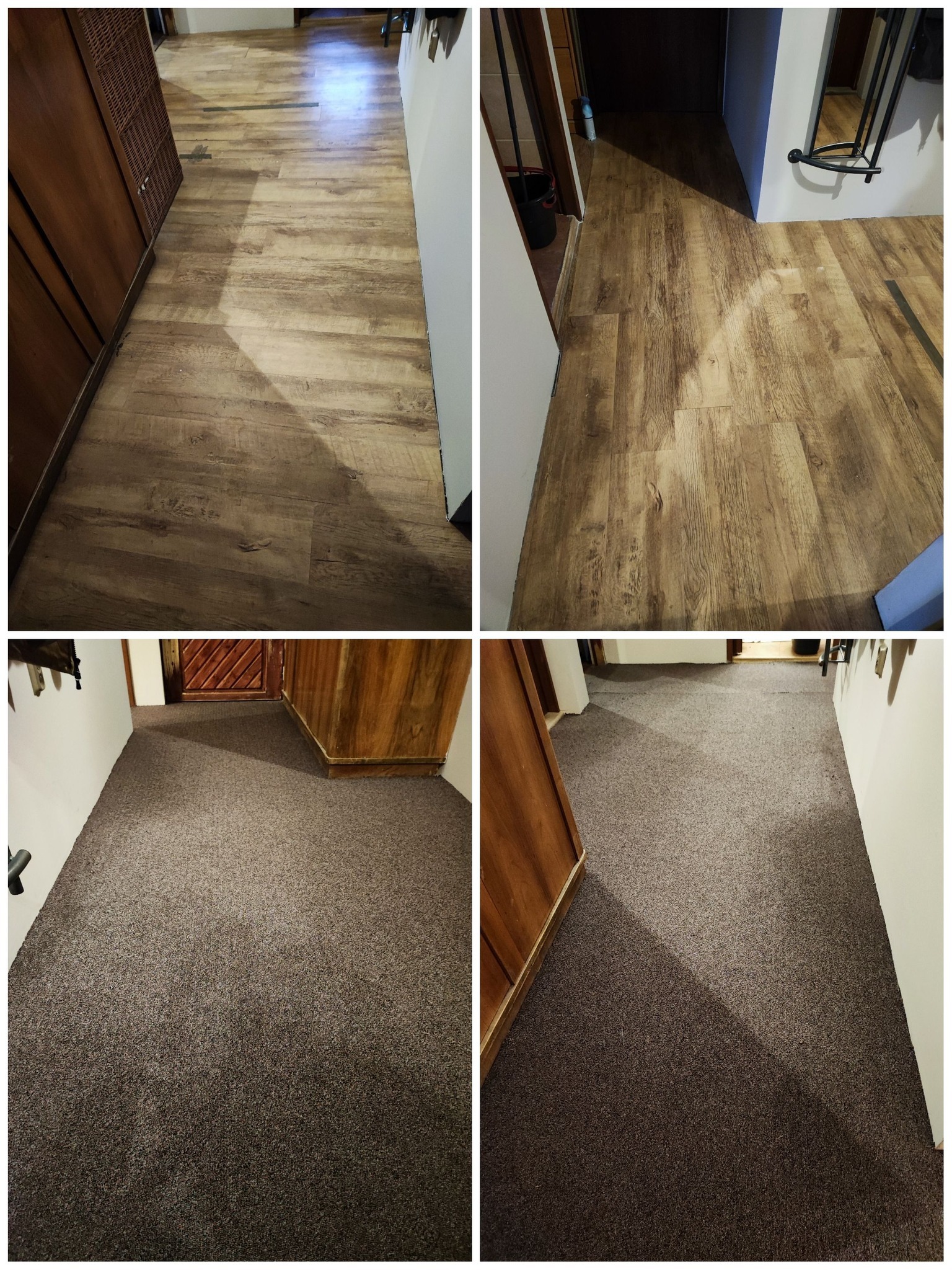 Zdjęcie 'przed i po' prezentujące zmianę podłogi w korytarzu: od wykładziny dywanowej w odcieniach brązu do paneli podłogowych imitujących drewno.