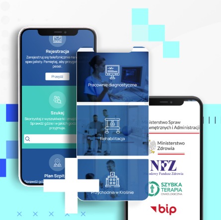 Prezentacja responsywnej strony internetowej szpitala na smartfonach, z widocznymi sekcjami rejestracji, diagnostyki, rehabilitacji i informacjami o partnerach.