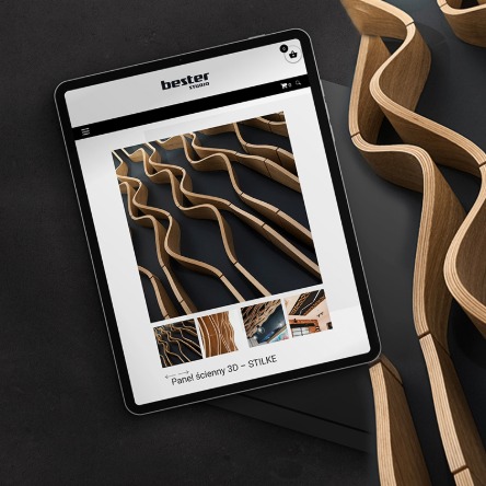 Tablet prezentuje stronę www z panelami 3D Bester Studio. Obok fragment panelu. Stonowana kolorystyka, nowoczesny design. Prezentacja realizacji strony internetowej.