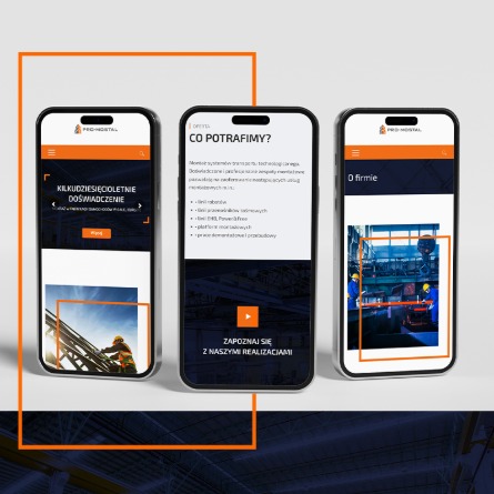 Prezentacja responsywnej strony www na trzech smartfonach, z widocznymi elementami interfejsu i zdjęciami z realizacji. Minimalistyczny design z akcentami pomarańczowymi.