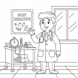 Webnovaapp - Ilustracja: uśmiechnięty lekarz w fartuchu, stetoskop, wózek medyczny z termometrem i zegarem, plakat 'Stay Healthy!' z warzywami i biegnącą postacią.