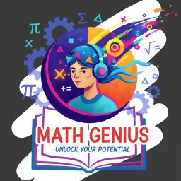 Webnovaapp - Ilustracja cyfrowa: dziewczyna w słuchawkach otoczona symbolami matematycznymi i napisem 'Math Genius'. Kolorowa grafika z otwartą książką w dolnej części.
