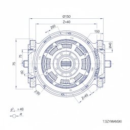Webnovaapp - Techniczny rysunek detalu maszyny w kolorze niebieskim na białym tle, z wymiarami i oznaczeniami. Widok z góry, szczegółowy schemat konstrukcyjny.