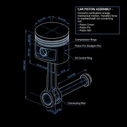 Webnovaapp - Schemat techniczny zespołu tłoka samochodowego z wymiarami, przedstawiony na czarnym tle z białymi liniami i opisami. Widoczne elementy: tłok, pierścienie, sworzeń i korbowód.