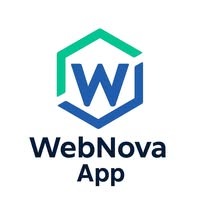 Logo WebNova App: niebieski symbol w sześciokącie z zielonym akcentem, nazwa firmy poniżej, nowoczesny design.