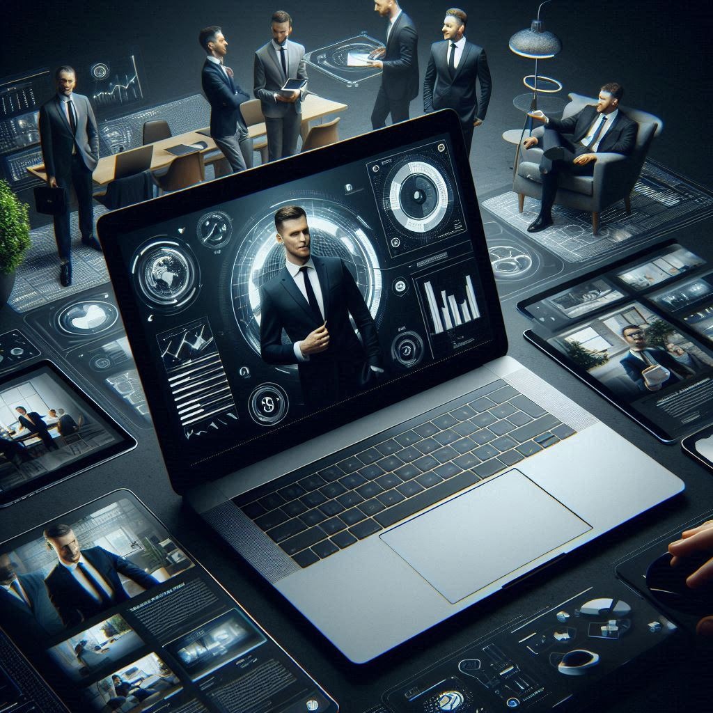 Laptop z interfejsem biznesowym na ekranie, otoczony tabletami z podobnymi grafikami. W tle grupa mężczyzn w garniturach, tworzących wrażenie zespołu.