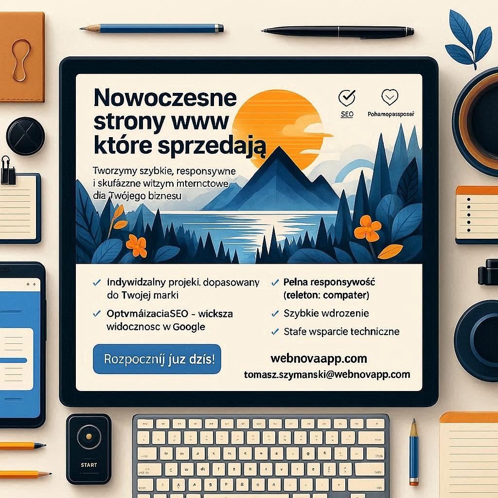 Ilustracja na ekranie tabletu prezentująca ofertę tworzenia stron WWW z elementami SEO, otoczona biurowymi akcesoriami: telefon, klawiatura, notatnik, długopisy.