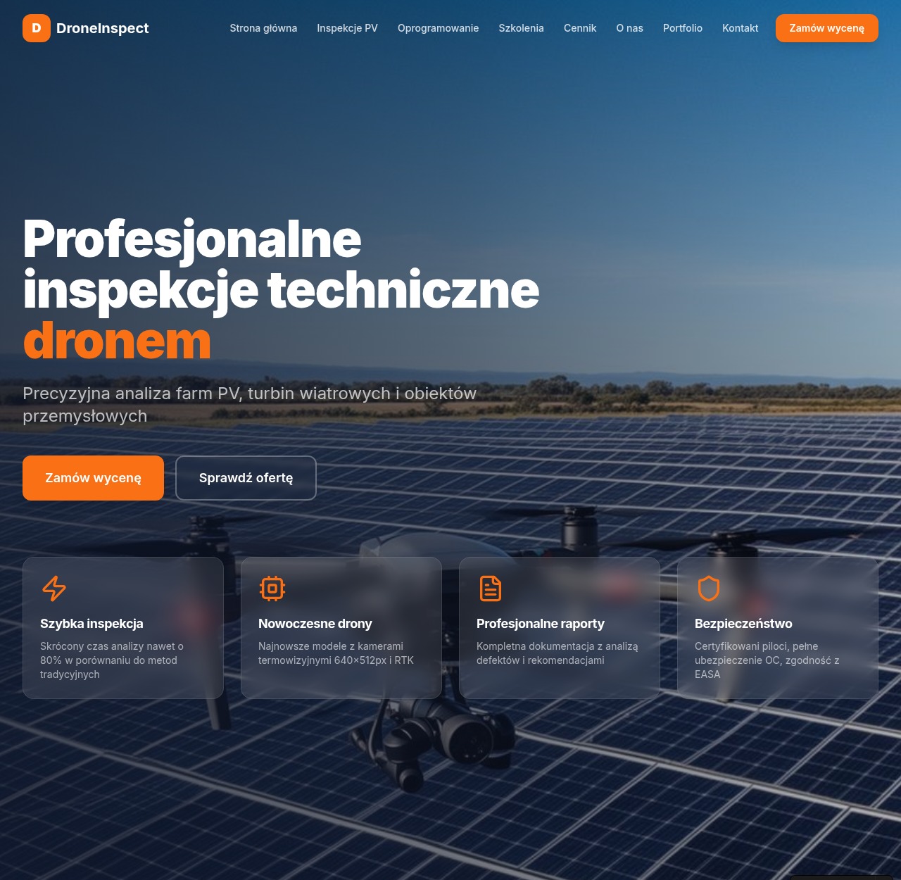 Strona internetowa firmy oferującej inspekcje techniczne dronem. Widoczny dron na tle farmy paneli słonecznych i informacje o szybkiej inspekcji, raportach i bezpieczeństwie.