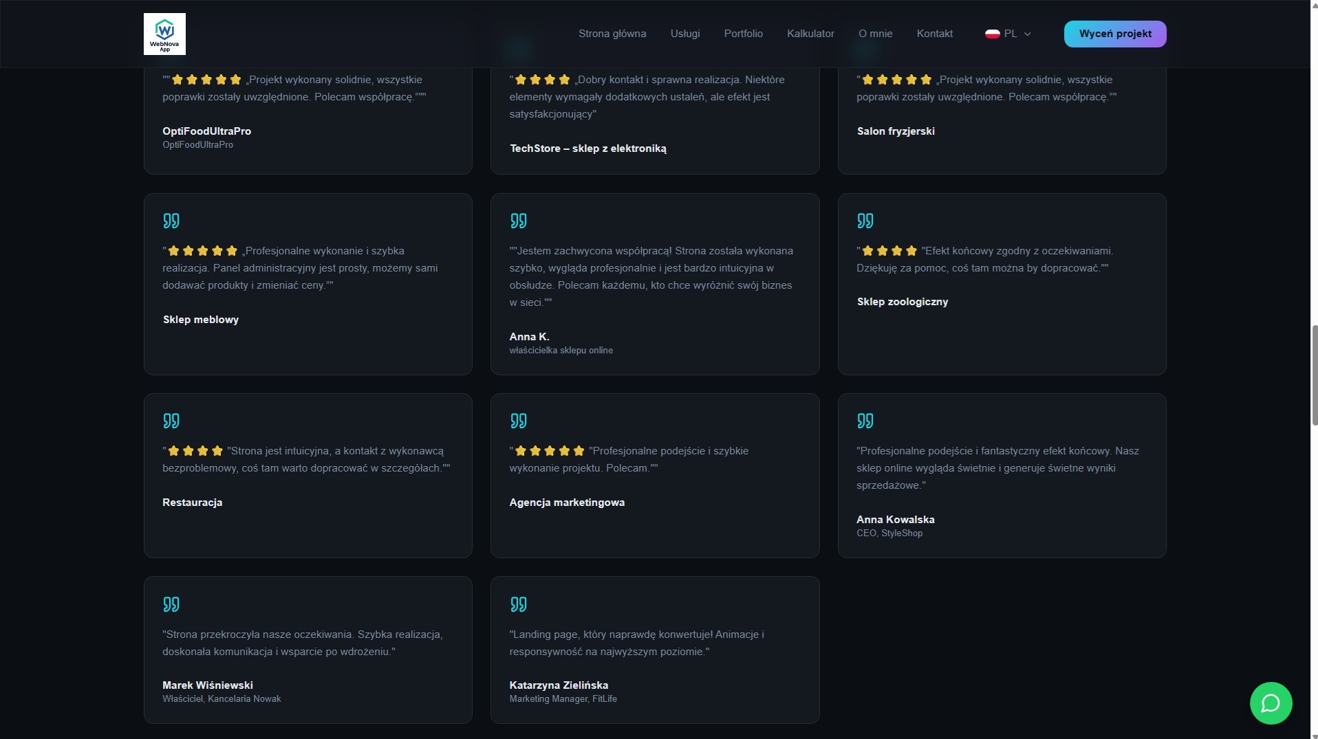 Opinie klientów o stronie internetowej WebNova App. Pozytywne recenzje dla różnych branż: sklep meblowy, restauracja, salon fryzjerski, sklep zoologiczny i inne.