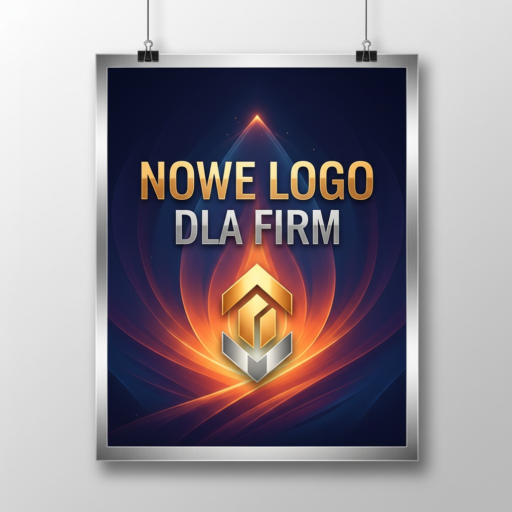 Plakat z napisem 'Nowe Logo Dla Firm' i abstrakcyjnym złotym logo na ciemnym tle z pomarańczowymi promieniami, zawieszony na ścianie.