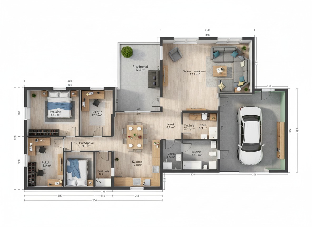 Rzut 3D domu jednorodzinnego z garażem, widok z góry. Układ pomieszczeń z meblami i wymiarami. Jasne wnętrza, nowoczesny design. Precyzyjna grafika architektoniczna.