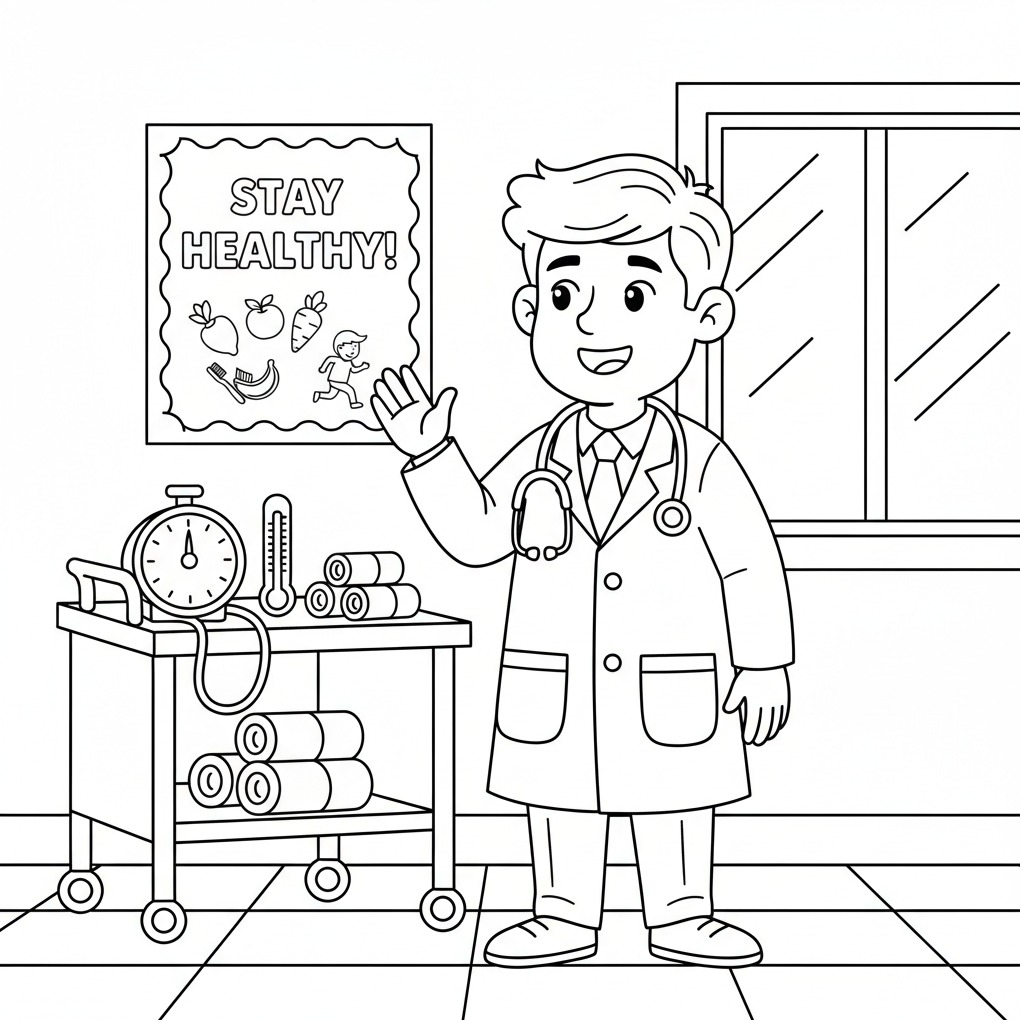 Ilustracja: uśmiechnięty lekarz w fartuchu, stetoskop, wózek medyczny z termometrem i zegarem, plakat 'Stay Healthy!' z warzywami i biegnącą postacią.