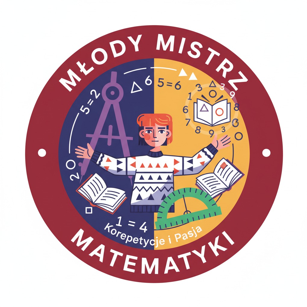 Ilustracja logo 'Młody Mistrz Matematyki' z Tarnowa Podgórnego. Grafika zawiera postać, książki, cyrkiel i kątomierz na okrągłym tle w kolorach bordo, granatu i żółci.