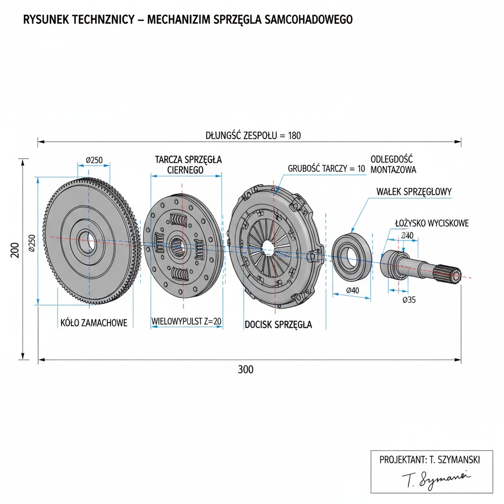 Rysunek techniczny mechanizmu sprzęgła samochodowego z wymiarami, prezentujący koło zamachowe, tarczę sprzęgła ciernego, docisk sprzęgła i wałek sprzęgłowy.