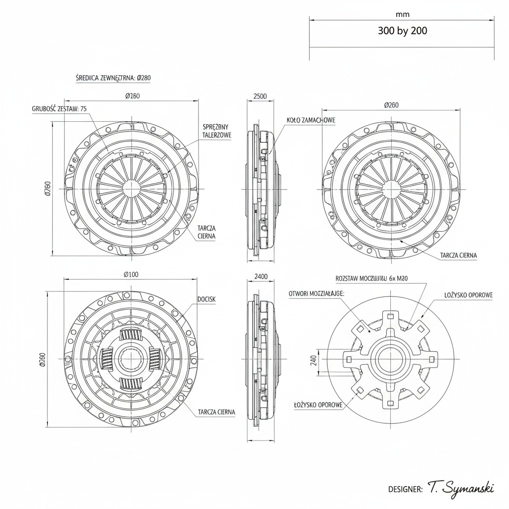 Techniczny rysunek sprzęgła samochodowego z wymiarami i oznaczeniami elementów, wykonany przez projektanta T. Symanskiego. Schemat w kolorze czarnym na białym tle.