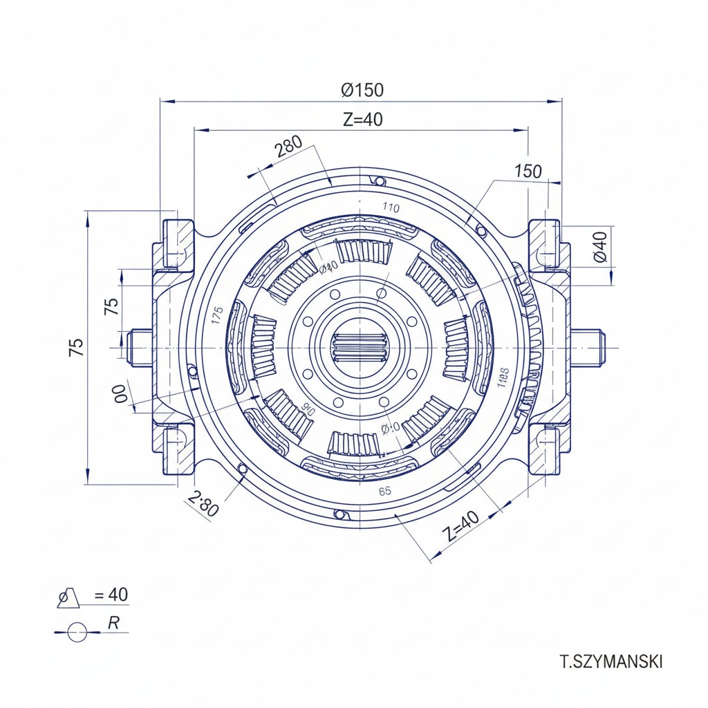 Techniczny rysunek detalu maszyny w kolorze niebieskim na białym tle, z wymiarami i oznaczeniami. Widok z góry, szczegółowy schemat konstrukcyjny.