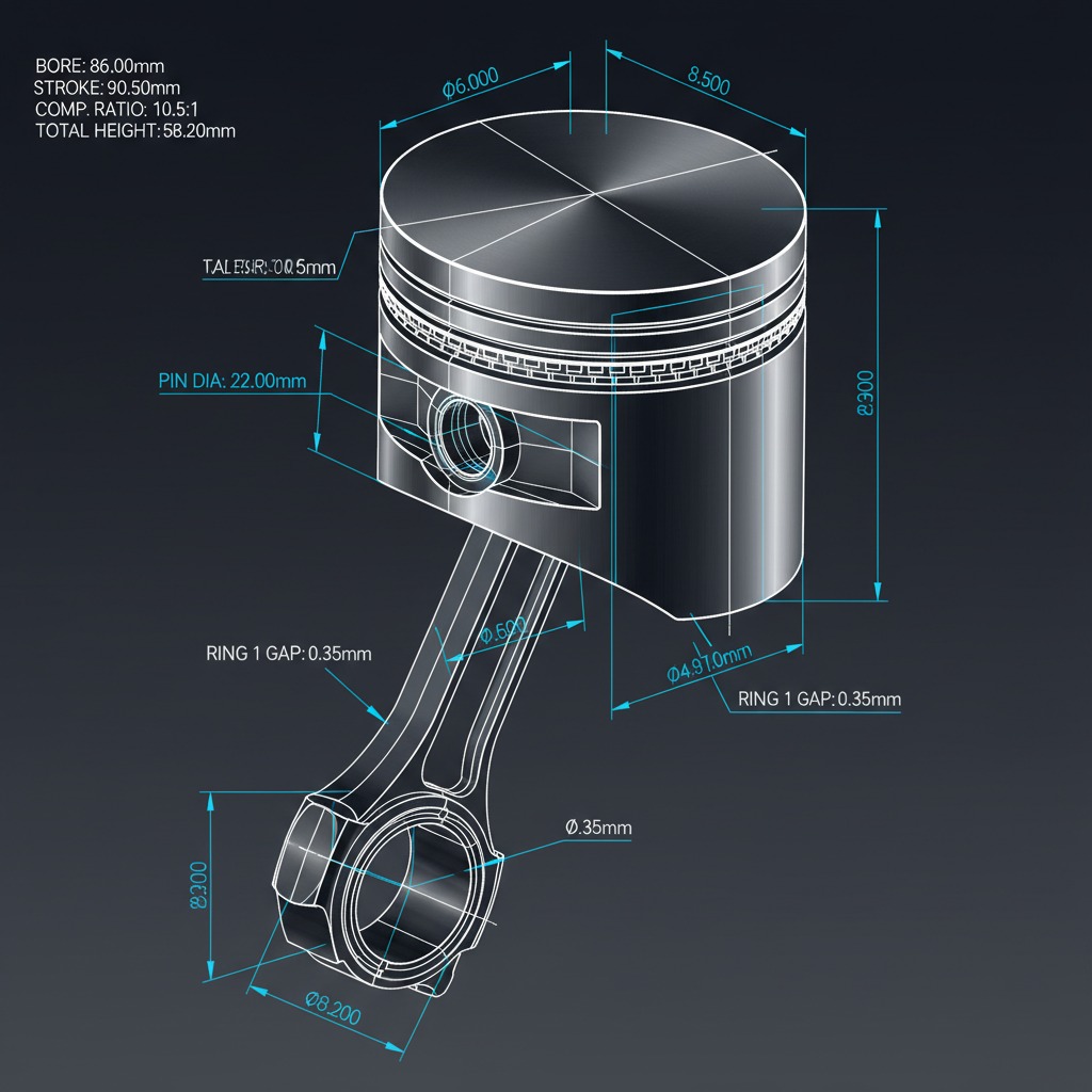 Techniczny rysunek tłoka silnika z wymiarami, na ciemnym tle. Schemat prezentuje przekrój i detale konstrukcyjne, w tym średnicę, skok i szczelinę pierścieni.