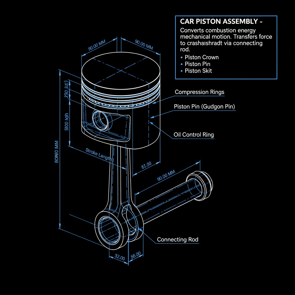 Schemat techniczny zespołu tłoka samochodowego z wymiarami, przedstawiony na czarnym tle z białymi liniami i opisami. Widoczne elementy: tłok, pierścienie, sworzeń i korbowód.