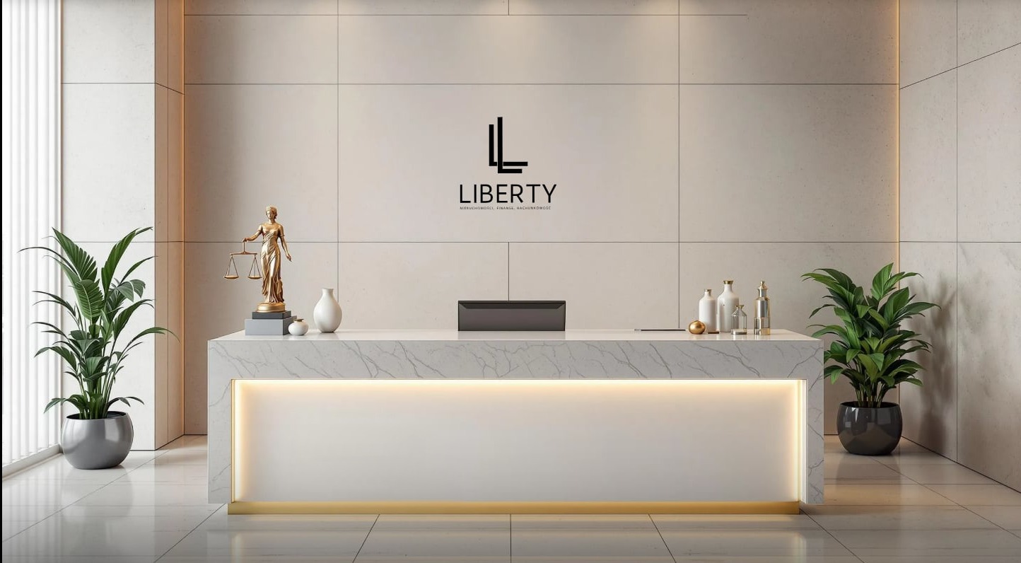 Recepcja biura Liberty z marmurowym blatem, figurką Temidy i roślinami doniczkowymi. Logo firmy na ścianie. Elegancki wystrój wnętrza.
